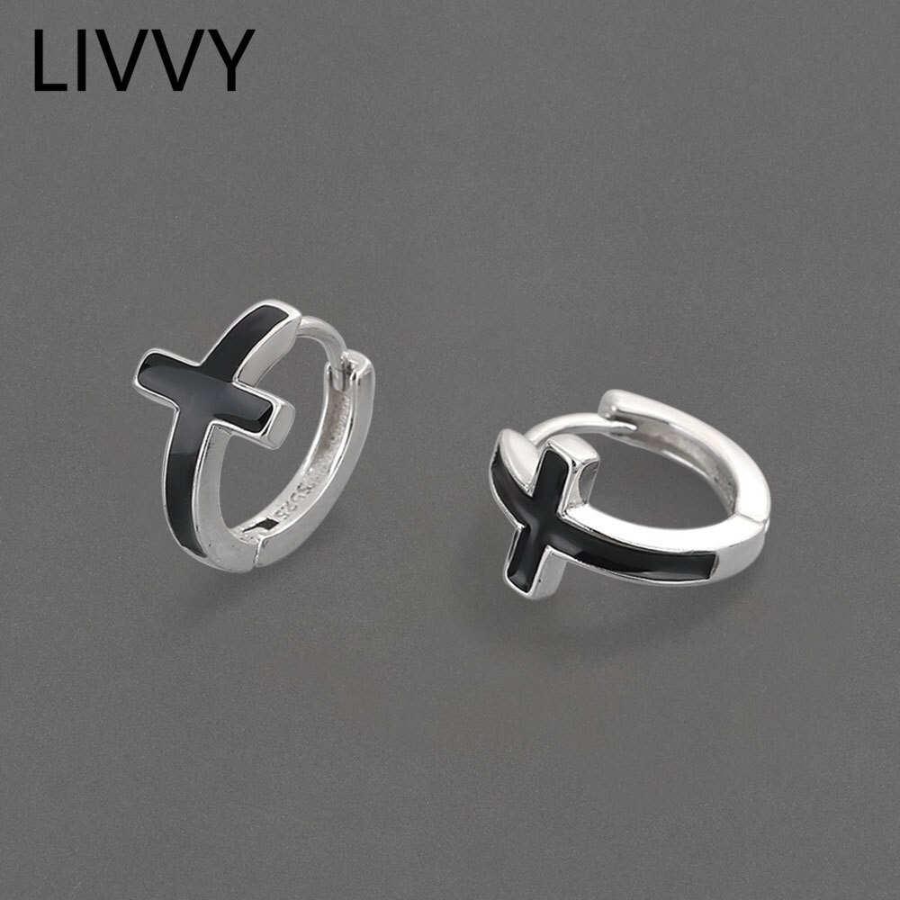 Livvy simples preto cruz pequena argola prata cor brincos para homem e mulher hip-hop punk rua jóias