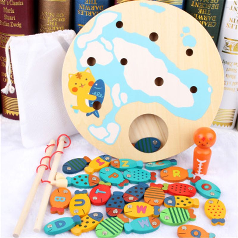 Magnetic Magnetic Wooden Fishing Game Toy for Toddlers - Alphabet Fish Catching Counting Preschool Board Games Toys for 2 3 4