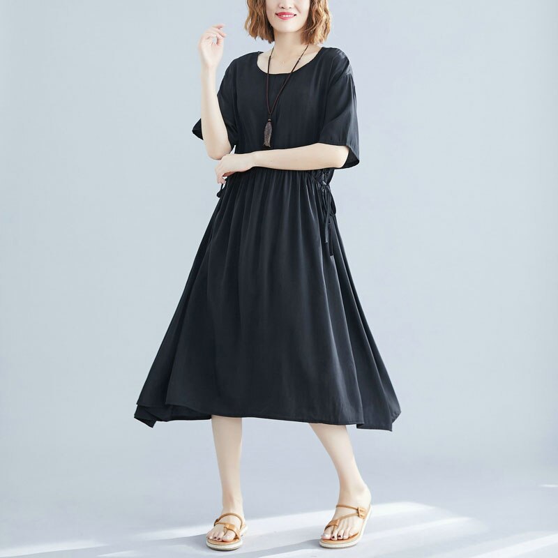 Dimanaf plus size damklänning sommar med bälte veckad bomull casual stil kvinnlig vestidos lös solid basklänning 4 färger: Hany 9195cn- hej / Xl