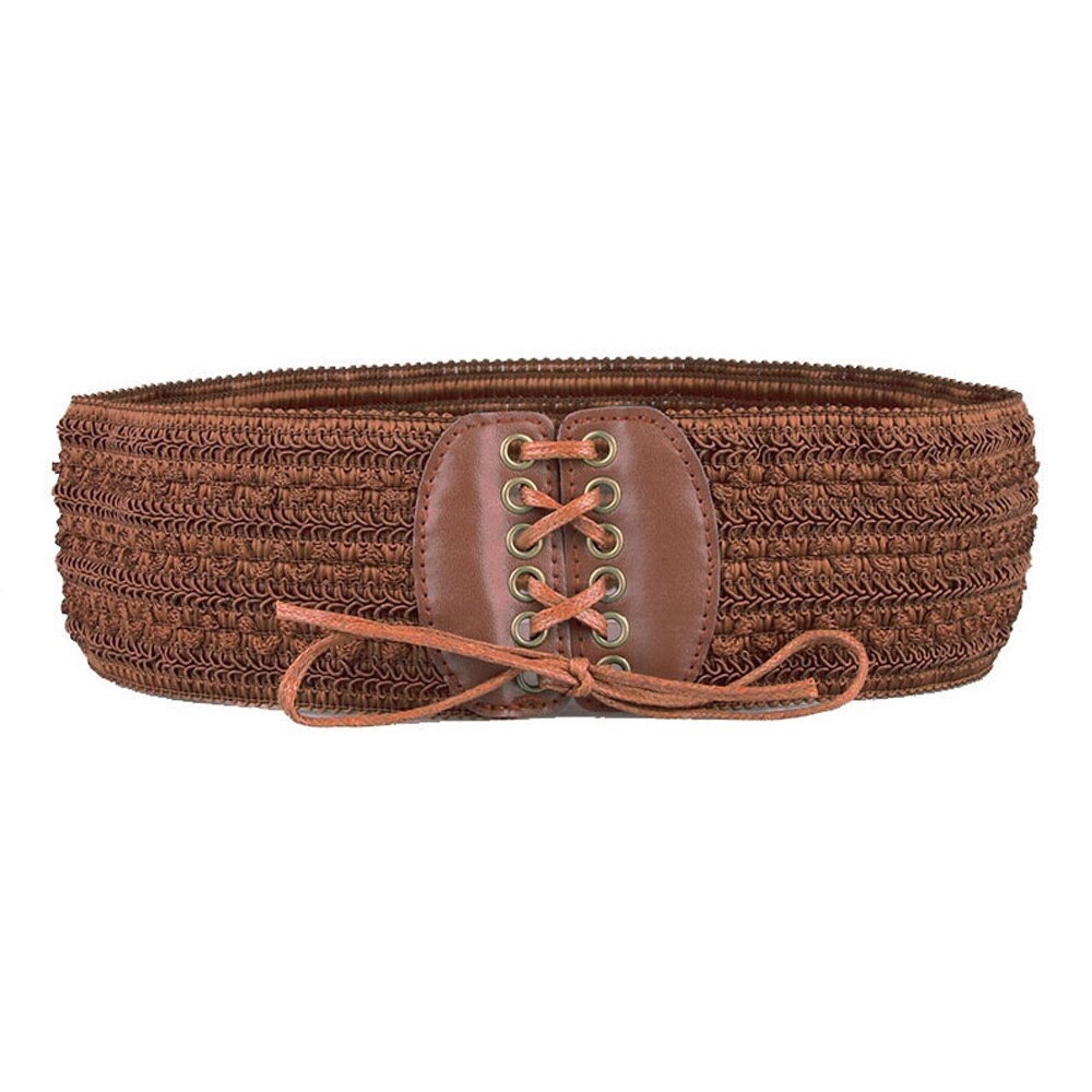 Ladies wide leather drawstring elastic waistband elastic lace drawstring waistband: Brown