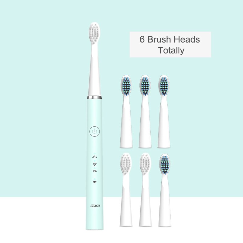 Cepillo de dientes eléctrico recargable sónico de SEAGO cepillo de dientes automático mejorado para adultos con 6 cabezales de cepillo: Blue-6 heads