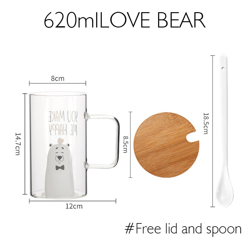 Taza de cristal creativa para el desayuno, taza de café o té con mango transparente, con cubierta, para el hogar y la Oficina: LOVE BEAR