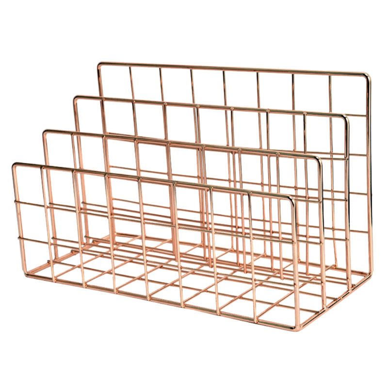 Grid 3 Compartments Bookshelf Magazine File Organizer Holder Wrought Iron Rack: Rose Golden