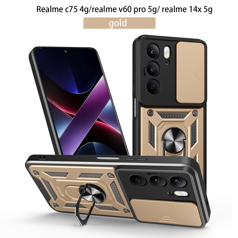 Magnetic Ring Holder Armor Case for OPPO Realme C75 C 75 RealmeC75 4G Slide Camera Protect Cover For Realme 14X 14 X Realme14X: Frosted Black / Realme 14x