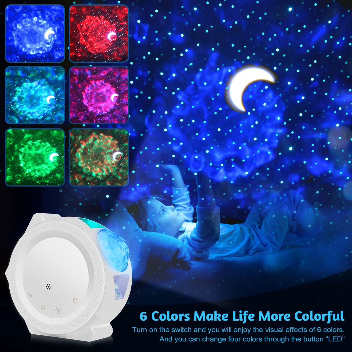 6 Kleuren Oceaan Zwaaien Licht Sterrenhemel Projector Led Nebula Cloud Nachtlampje 360 Graden Rotatie Night Light Lamp Voor kids Da