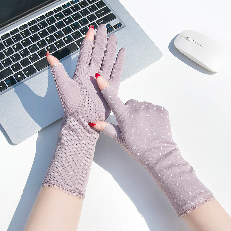2025 Summer Women's gloves Thin Mid Length Cotton Sun Protection Driving Gloves Fingerless gloves for Women: Silver
