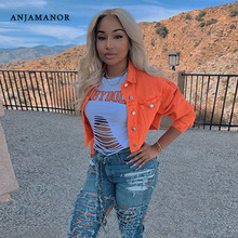 ANJAMANOR Jean Crop Bomber Jas Neon Snoep Effen Kleur Denim Jassen en Jassen Vrouwen Wind Breaker Lange Mouw Bovenkleding D52AE2