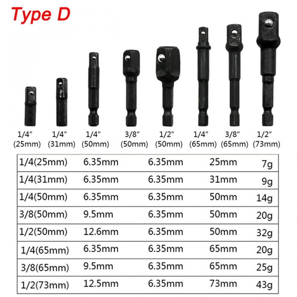 1/4 3/8 1/2 Inch Drill Socket Adapter Set Hex Shank Square Socket Drill Bit Bar Extension Impact Driver Drill Bits: Type-D