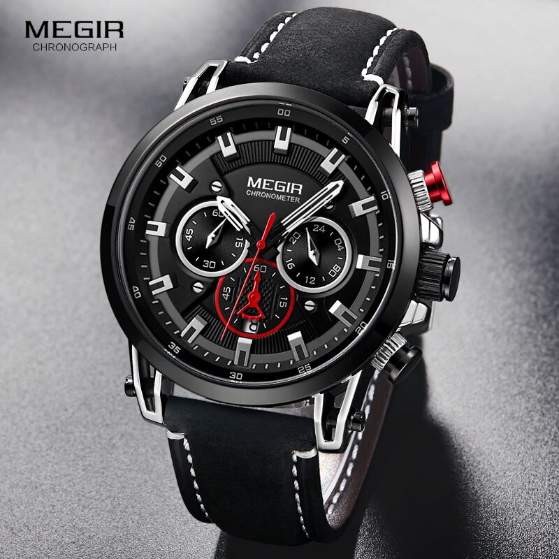 Megir Mannen 24 Uur Quartz Horloges Lederen Band Chronograaf 3atm Waterdicht Army Horloge Man Relogios Masculino 2085 Zwart