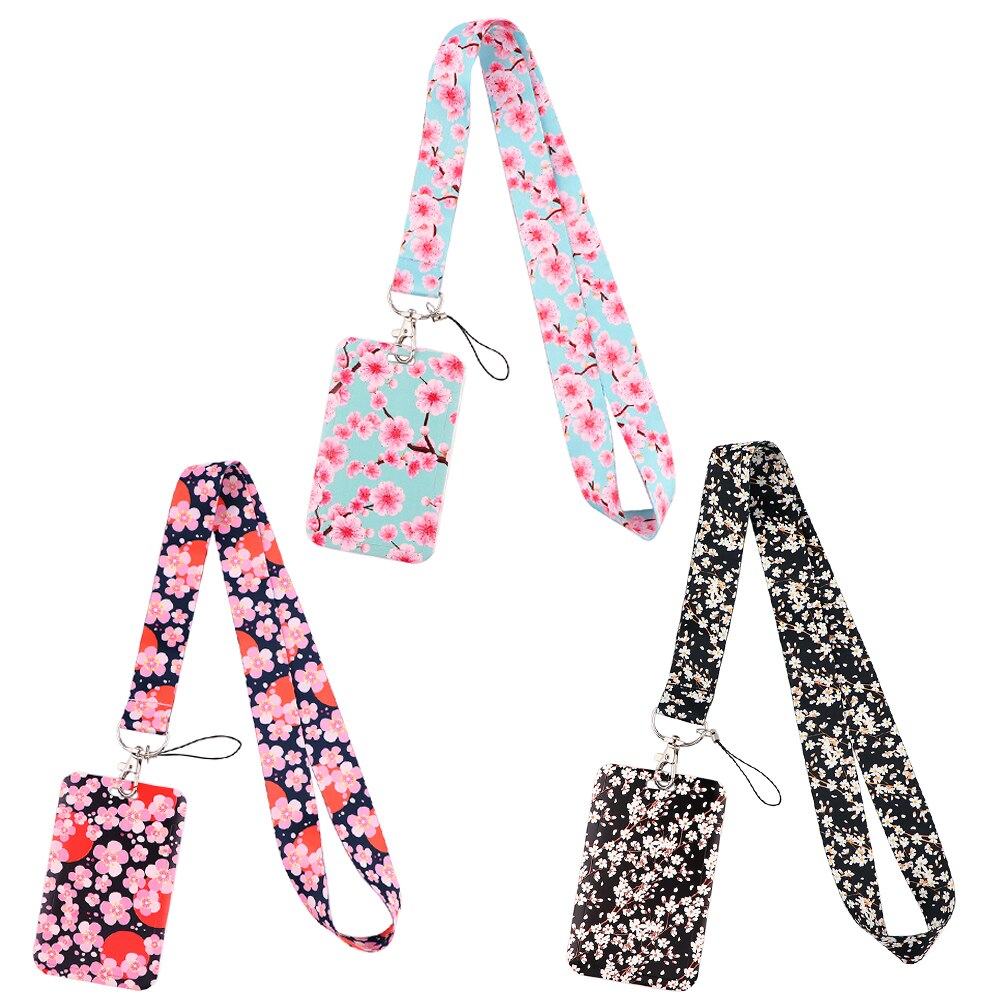 JF988 Beautiful Pink Cherry Blossom Keychain Straps Rope Cell Phone Neck Strap Lanyard for ID Card Key Chain DIY Lanyard