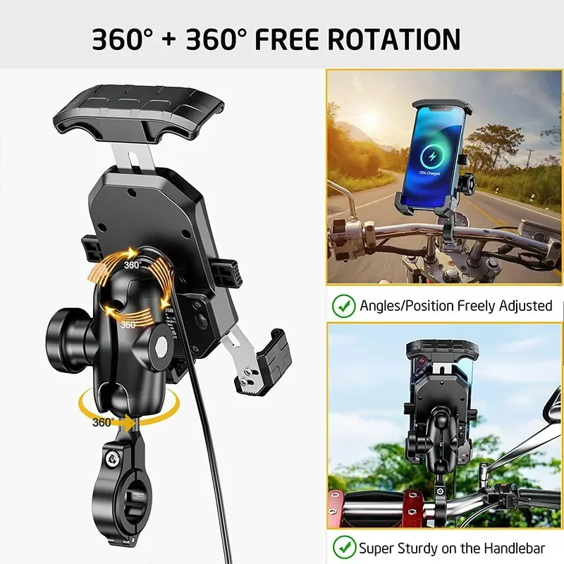 Motorcycle Wireless Phone Mount Fast Charger Stand 15W & USB C 3A Handlebar Anti Theft Motor Motorbike Holder For 4.0-7.0" phone