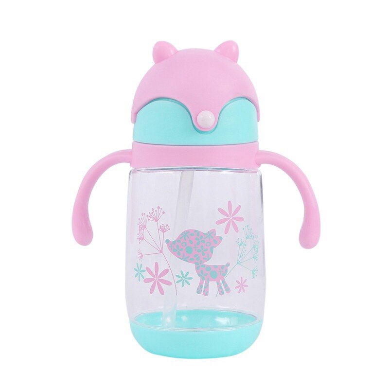 300ml Cute Fox Baby Feeding Cup with Straw Children Learn Feeding Drinking Bottle with Handle Kids Training Cup: P