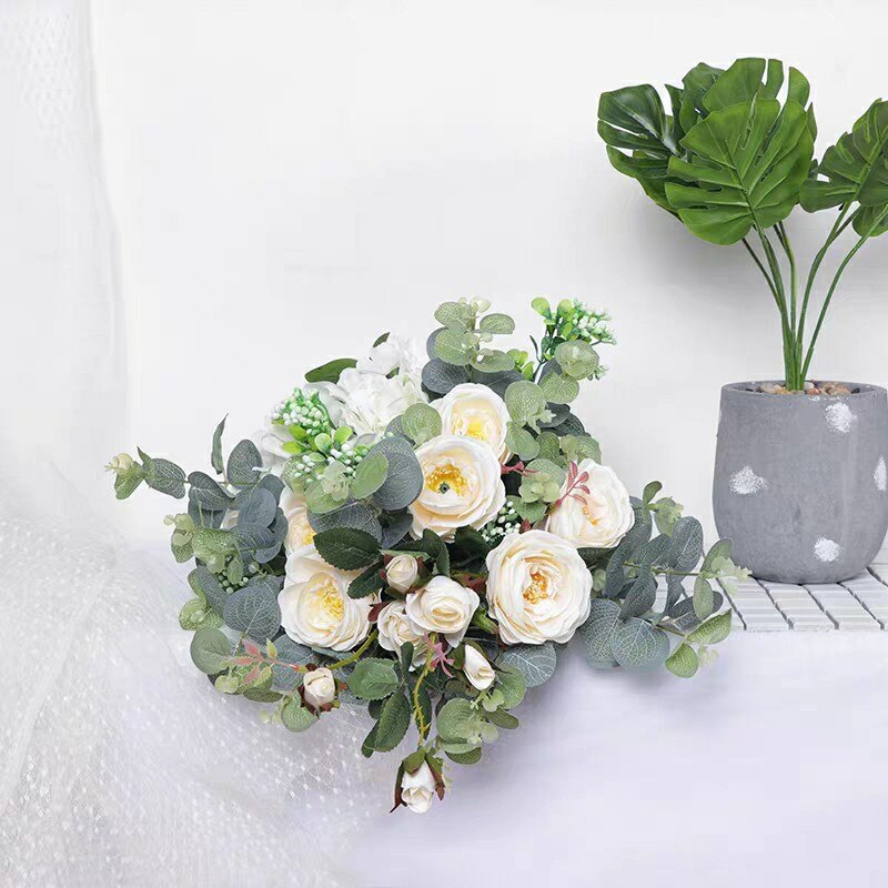 SESTHFAR Weiß Grün Pfingstrosen Rose Hochzeit Strauß Boho Künstliche Brautjungfern Hält Blumen Braut Eukalyptus Hand Strauß