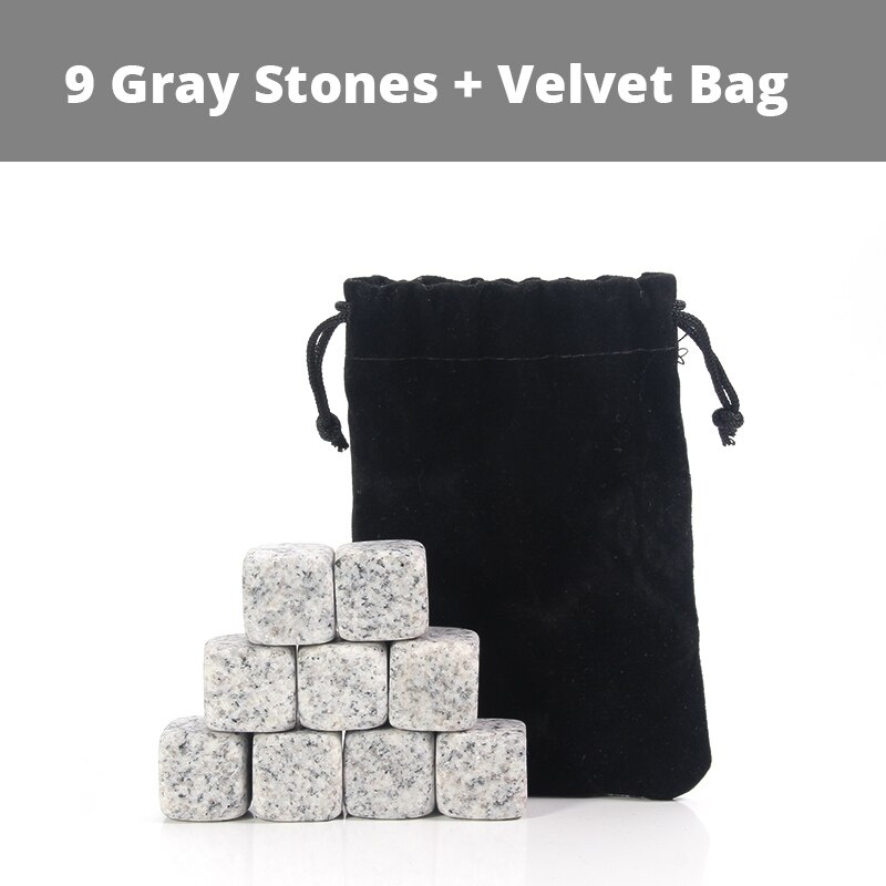Whisky stenar set  - 9 granit whisky stenar / trälåda / sammet väska / återanvändbara kyla isbitar: 9 st påse grå