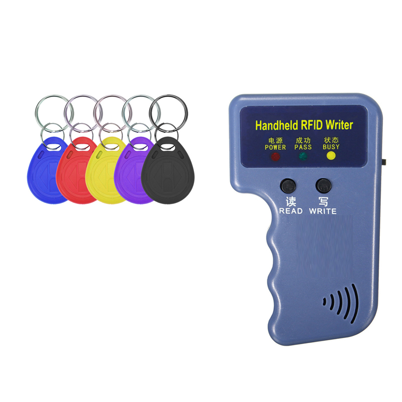Repetitive Handheld 125KHz EM4100 5200 RFID ID Card Writer Copier Duplicator Programmer + 2pcs T5577 Rewritable Keyfobs Tags: green