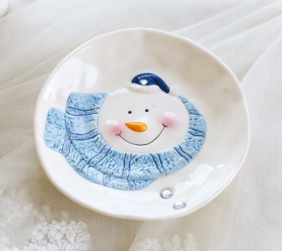 Blue Snowman Plates Christmas Home Decor Snack Dishes Kitchen Utensils Tablware