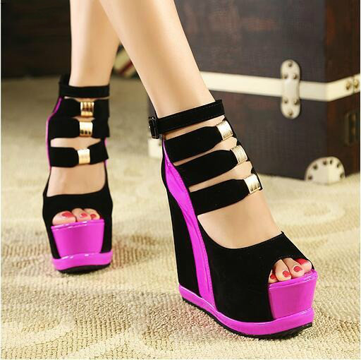 Kvinna skor sommar äkta kvinnor plattform tjocka sulor sandaler kilar högklackat 14cm peep toe blandade färger sexiga skor