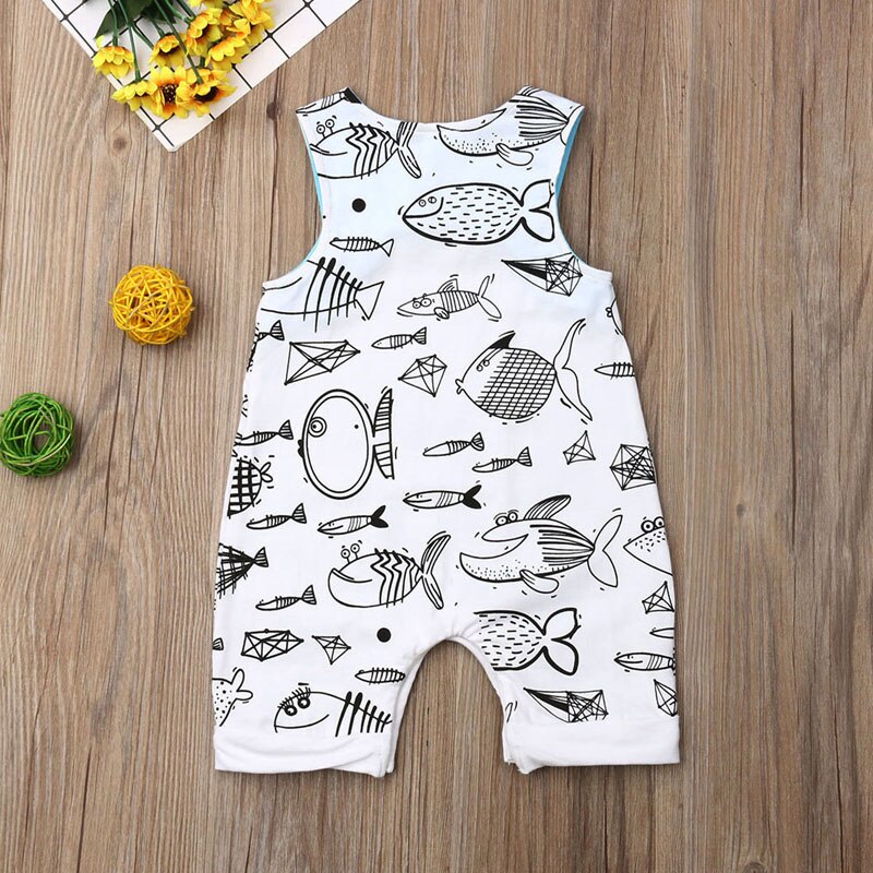 Focusnorm Newborn Infant Baby Boys Girls Romper Cartoon Print Fish Sleeveless Romper 1PC Outfit Clothes