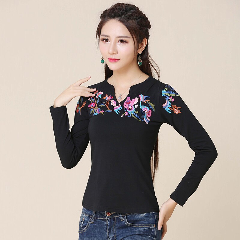 Mujer pulóver mujer Otoño Invierno estilo mexicano étnico manga larga cuello pico negro blusa camisa blusa bordada