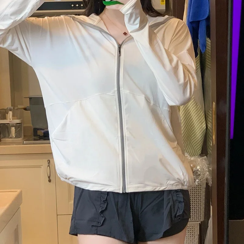 Summer Thin Ice Silk Sun Protection Jacket Women Korean Solid Basic Loose Hooded Cardigan Loose All Match Jogging Sports Tops