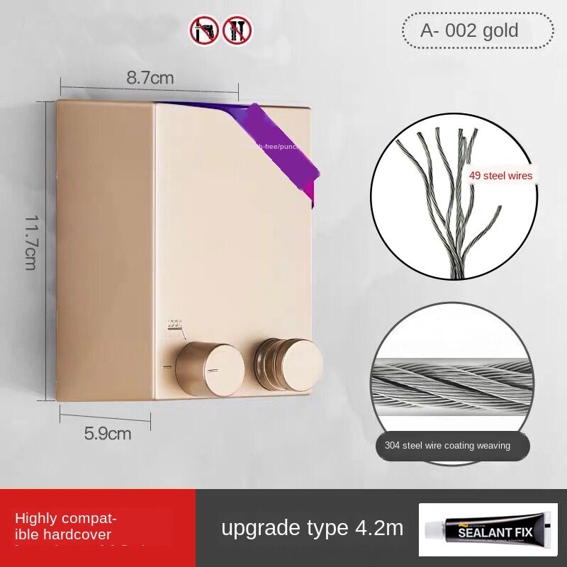 Indoor Outdoor Retractable Laundry Clothesline Wall Hanging Stretch Washing Clothes Line Shrinking Balcony WY41501: gold-A