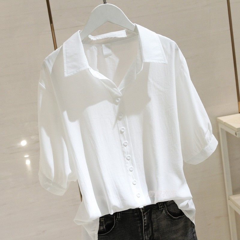 Summer Korean Solid Lapel Buttons Simple Oversized Short Sleeve Shirt Female Loose Casual Fruit Green Blouse Blusas: L / WHITE