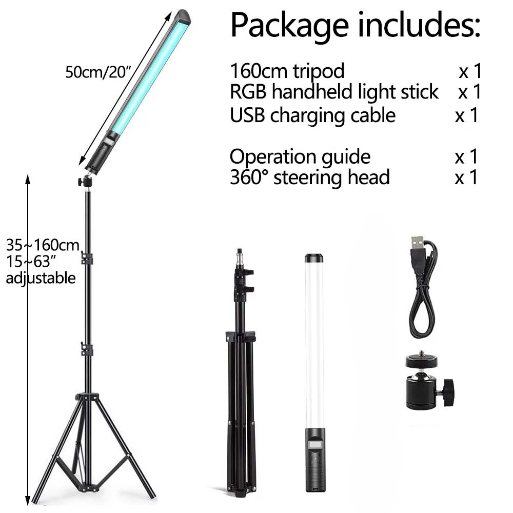 Baguette lumineuse portative RGB LED 20 "50cm, Tube lumineux pour photographie, bâton lumineux avec gradation, batterie Rechargeable avec trépied: Bleu marine