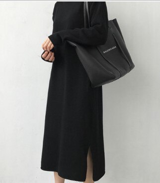 Rullekrave tyk strikning lang vinter sort sweater kjole kvinder strikket lang kjole kvindelig løs pige kjole oversize vestidos: Sort