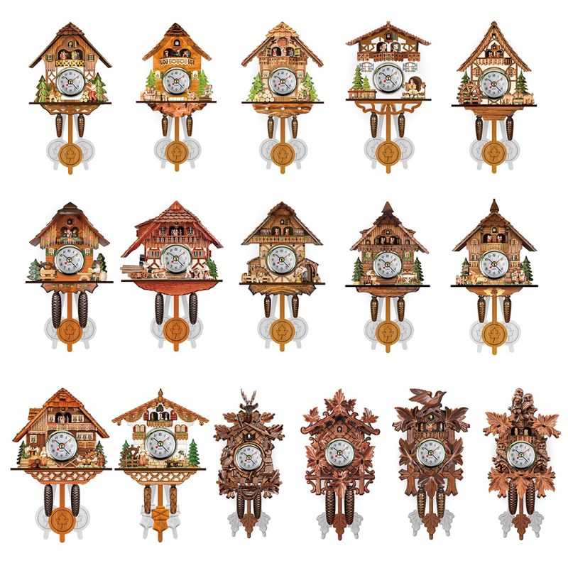 Antieke houten koekoeksklok met vogeltijdbel, wekker, horloge, woondecoratie 449c