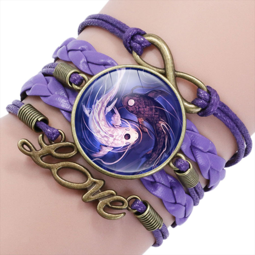 Tai Chi Decor PU Bracelet Yin-Yang Tai Ji Multi-Layer Alloy Wrist Jewelry Knitting Rope Adjustable Length for Men Women AUG889: Bruingeel
