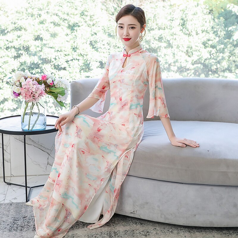 Letni nadruk z szyfonu qipao długie wietnamskie sukienki Aodai