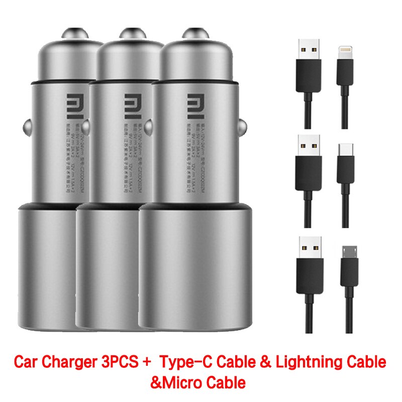 Original Xiaomi Car Charger QC 3.0 Dual USB Quick Charge 5V/3A 9V/2A Mi Car-Charger For Android iOS For iPhone Samsung Huawei: 3PCS Cables