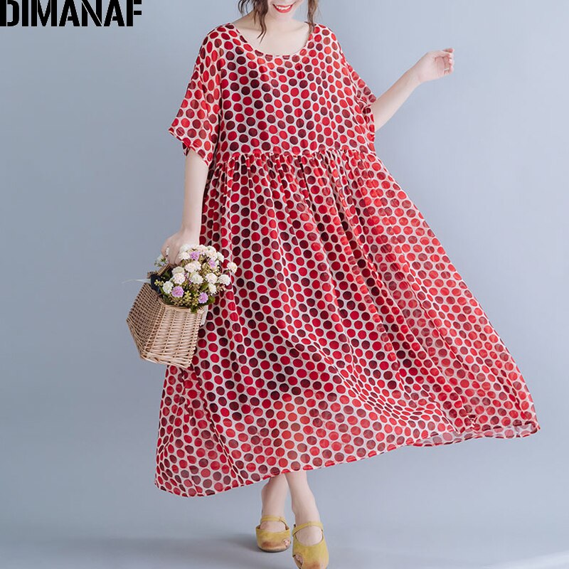 DIMANAF Plus Size Mulheres Polka Dot Vestido de Chiffon Estilo Praia Verão Férias Vestido de Verão Tamanho Grande Vestidos Soltos Vestidos de Impressão Feminino