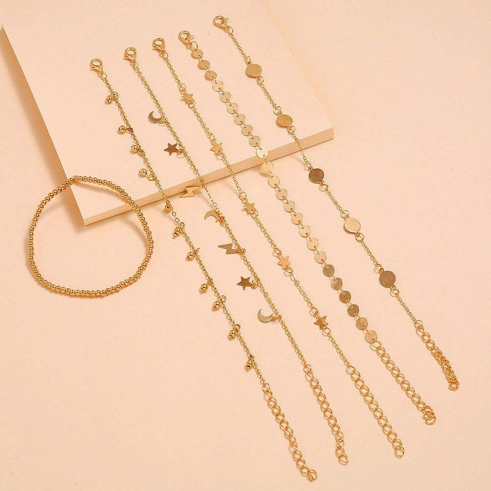 Modyle 6 stk ankel armbånd sæt boho smykke kæder uendelig runde charm armbånd guld kvinder kobber metal til kvinder ankel fod