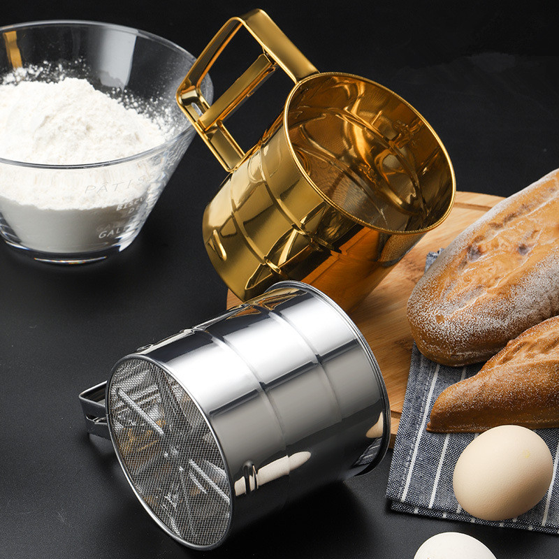 Tamis à farine semi-automatique à mailles fines, avec échelle de mesure, filtre à sucre glacé en acier inoxydable, passoire de tasse, cuisson de cuisine