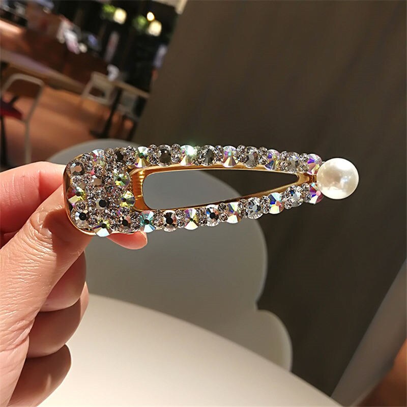 2PCS/SET Korea Shiny Crystal Rhinestones Hairpins Geometric Rectangle Waterdrop Imitiation Pearl Hair Clips Accessories: F008ZZJIN