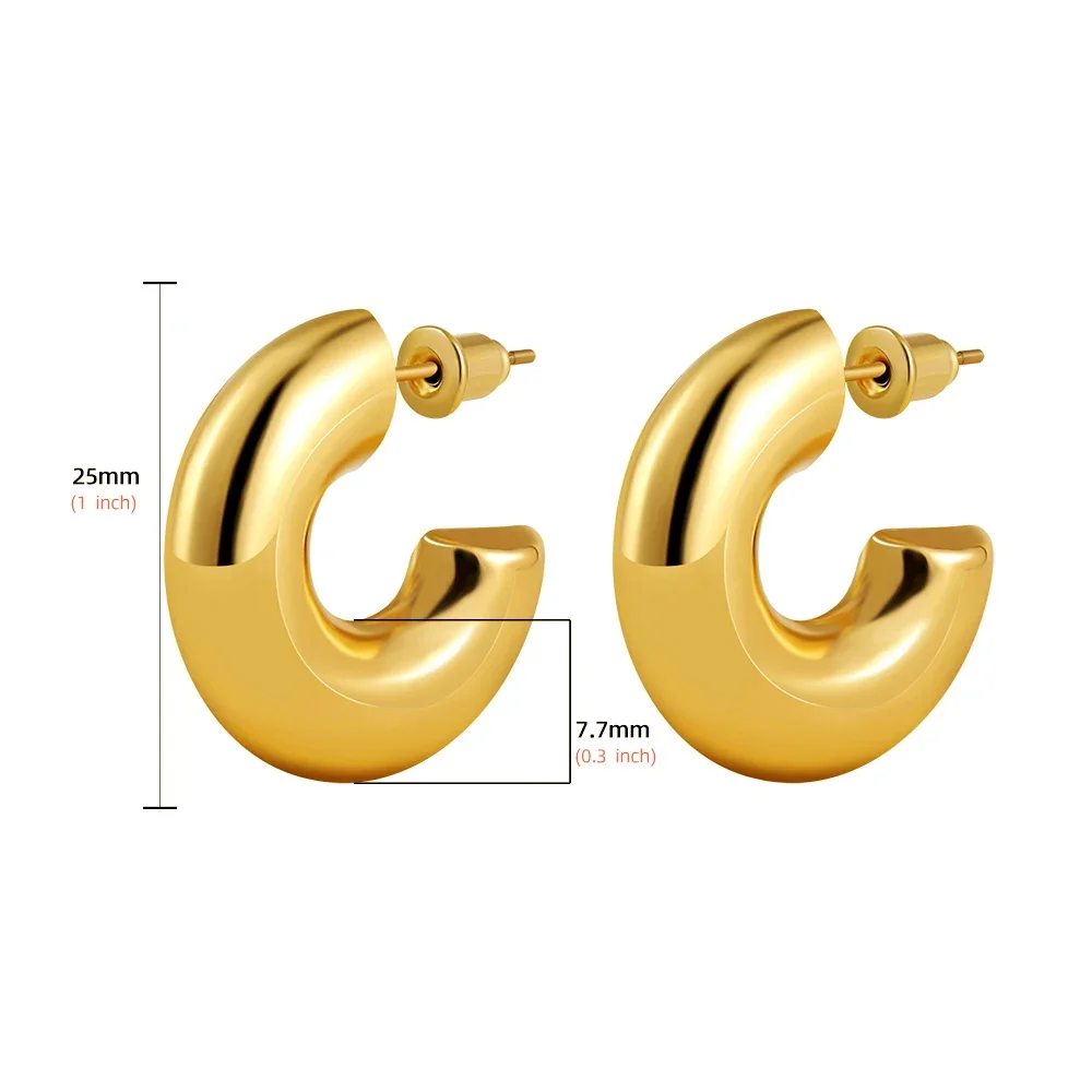 Nuevos pendientes de aro Retro de acero inoxidable con forma de C grueso, chapado en oro brillante, círculo PVD, tubo redondo, aros Huggie, joyería para oreja apilada: Color amarillo dorado claro