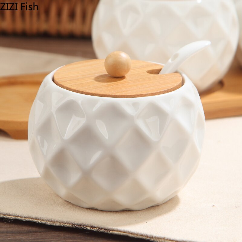 Korean Style Ceramic Condiment Jars Set with Bamboo Lids Tray Porcelain Spice Containers Salt Pepper Sugar Organizer