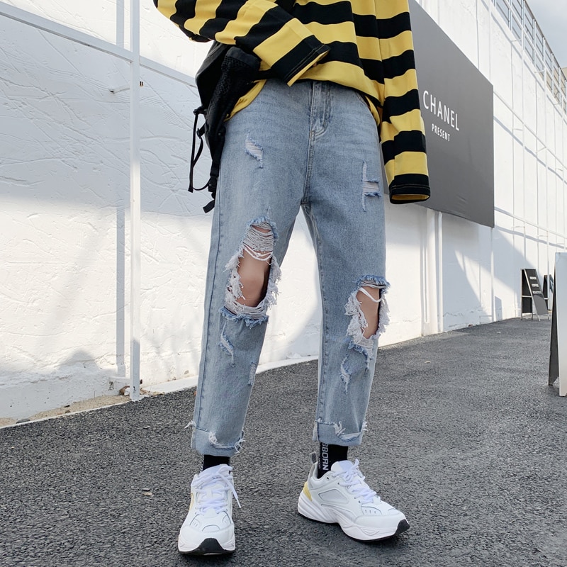 Zomerjeans heren slim gewassen effen kleur casual gat spijkerbroek heren streetwear wilde hiphop denim broek heren