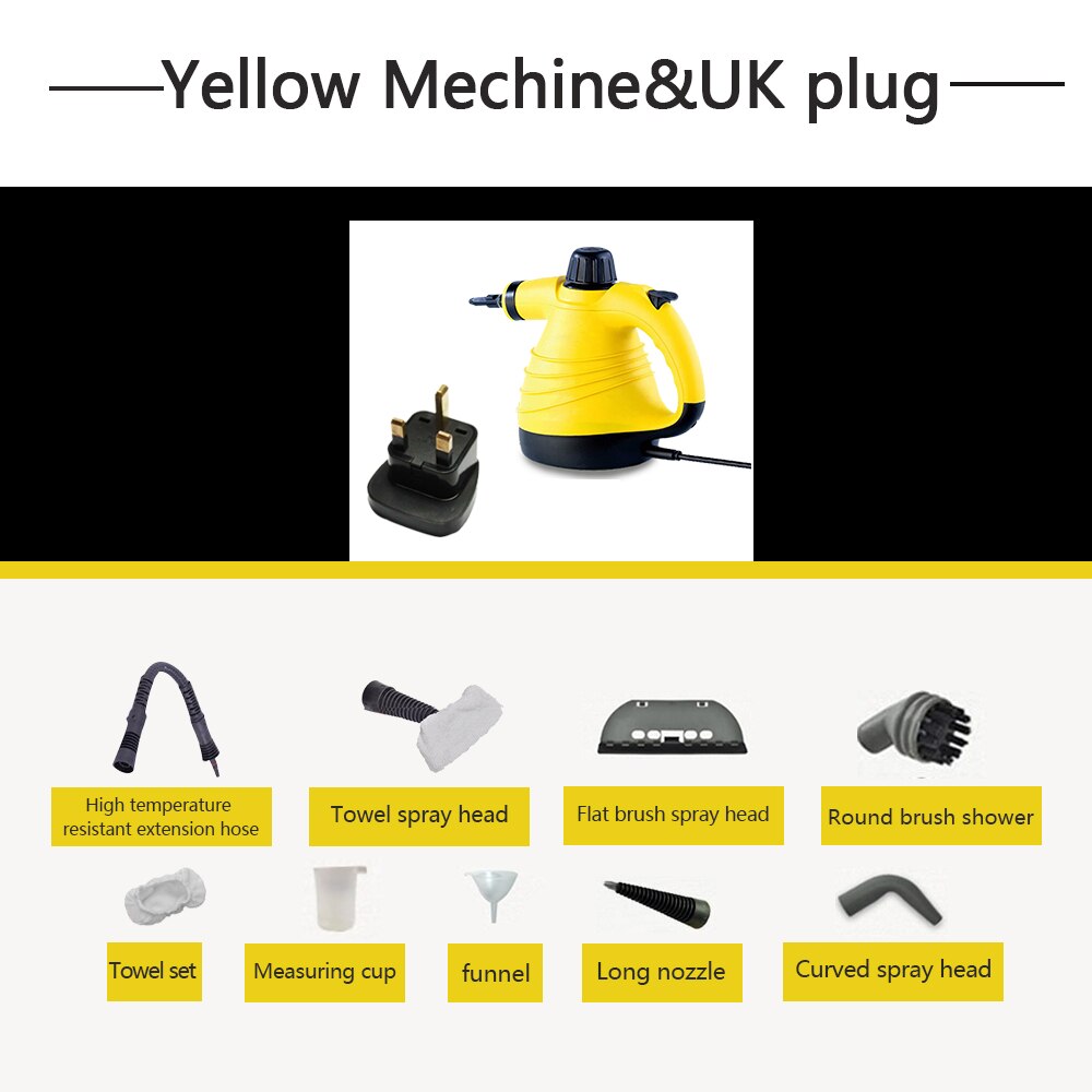 Handheld Steam Cleaner Multi-Purpose Pressurized Portable Steamer with 9-Piece Accessory Set for Bathroom Kitchen Surfaces Car: Yellow With UK Plug / 220V-230V