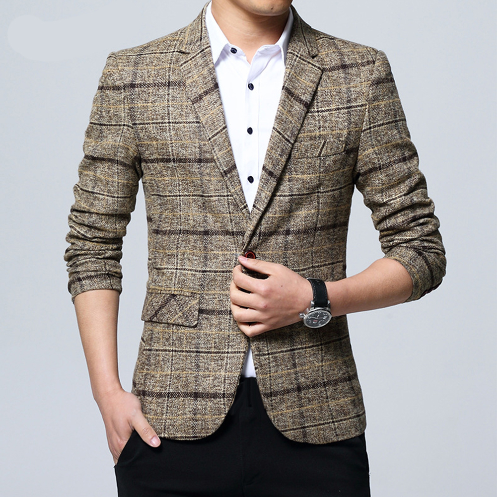 Men Plaid Lapel Slim Blazer Jacket Coat One Button Office Business Suit