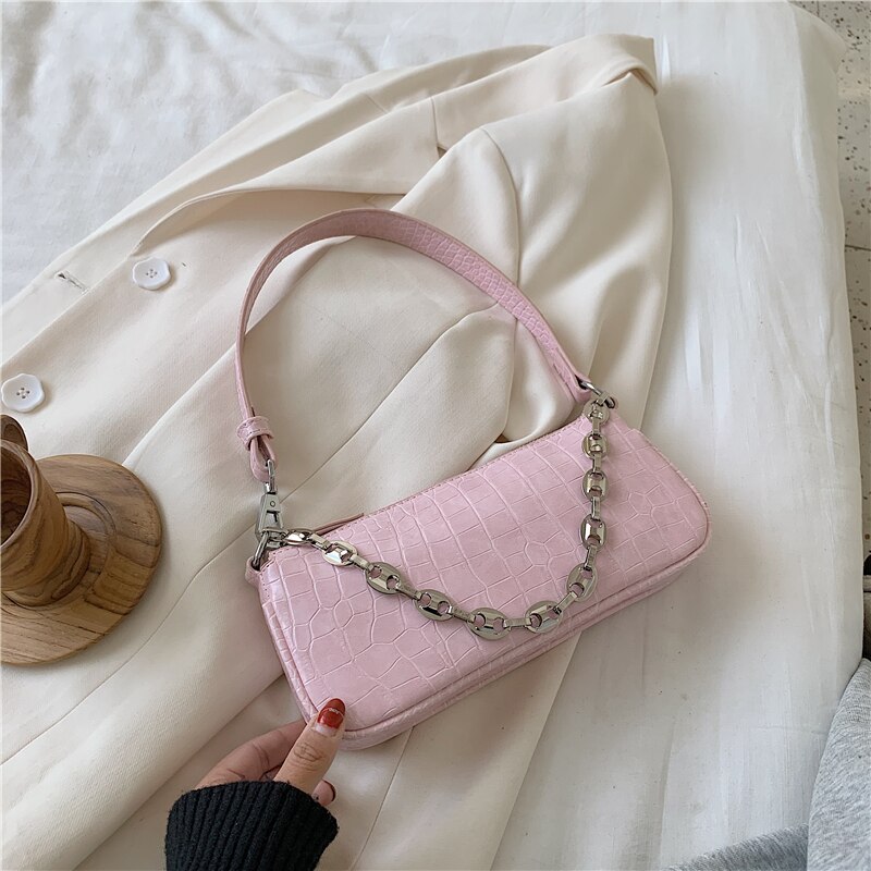 Sac fourre-tout carré motif pierre été en cuir PU femmes sac à main chaîne sacs à bandoulière sac à aisselles: 24 CM Pink