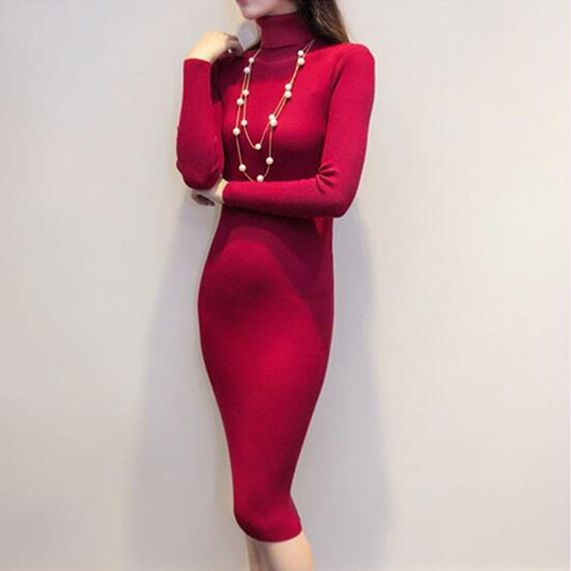 Lente Herfst Vrouwen Trui Jurk Vrouwelijke Coltrui Gebreide Lange Mouwen Sexy Bodycon Dames Warme Truien Jurken F245: wine red