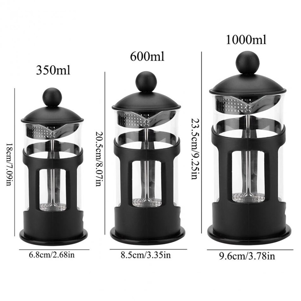 3 kokoa 350ml/600ml/1000ml kulutusta kestävä kahvipannu suurikapasiteettinen kannettava kahvi-teelasipannu ruostumattomasta teräksestä valmistetuilla suodattimilla