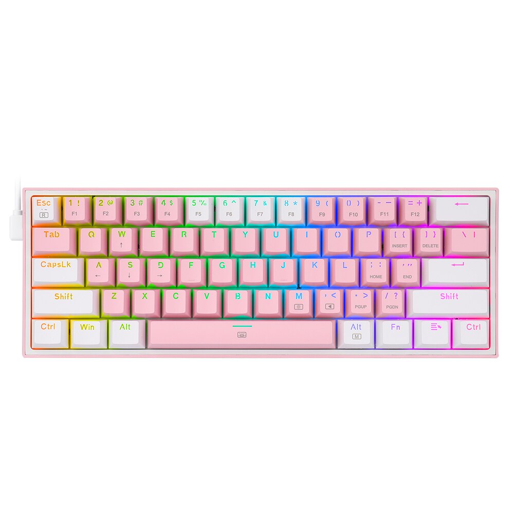 Redragon Fizz K617 Rgb Usb Mini Mechanische Gaming Toetsenbord Rood Schakelaar 61 Toetsen Bedrade Afneembare Kabel, Draagbare Voor Reizen: K617RGB-PW