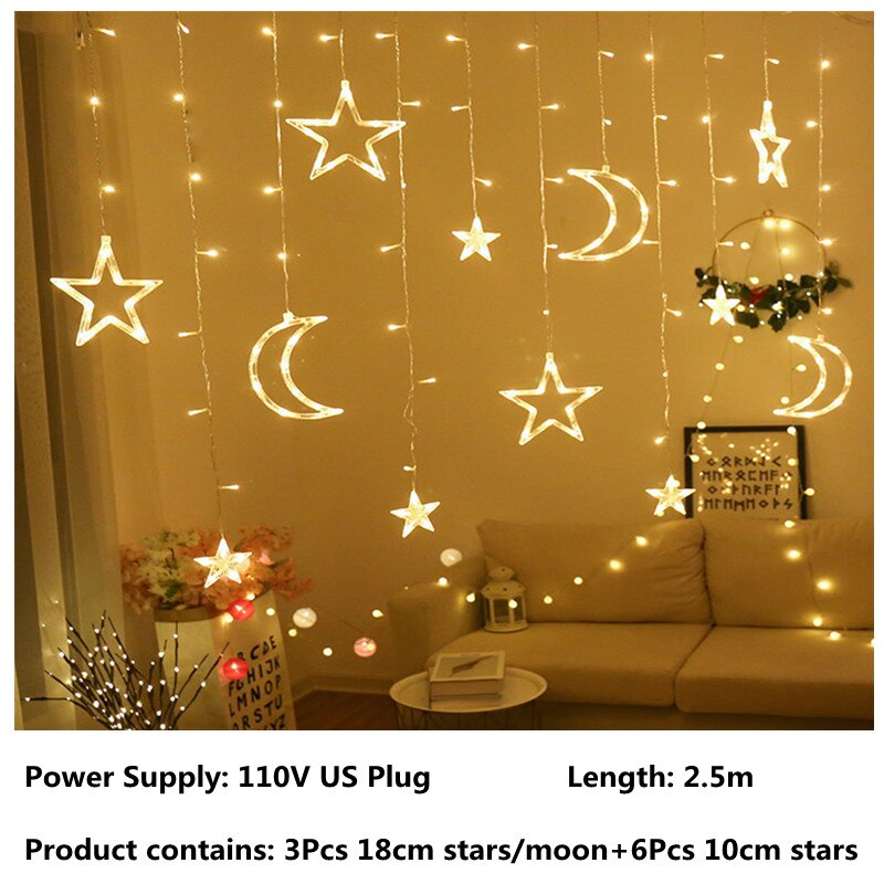 Cortina de luces LED con forma de luna y estrella para decoración, guirnalda de 3,5 M para Navidad, festividades, Año , cortina en la ventana: 110V US Plug Warm