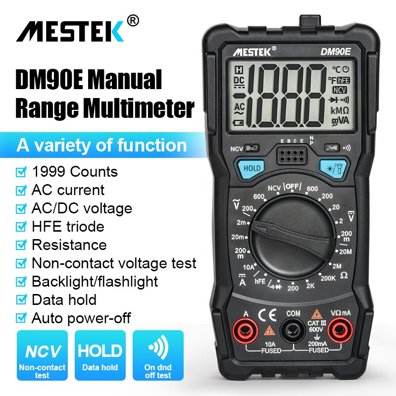 NCV Digital Multimeter 6000 Counts Auto Ranging AC/DC Voltage Meter Flash Back Light Large Screen digital multitester: DM90E