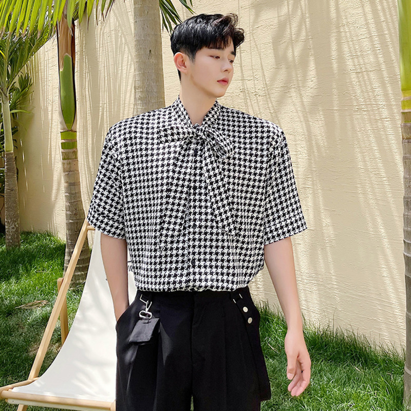 Koreaanse Mode Vintge Plaid Tops Mannelijke 2022 Zomer Mannen Rooster Korte Mouw Boog Lint Shirt Mannen &#39;S