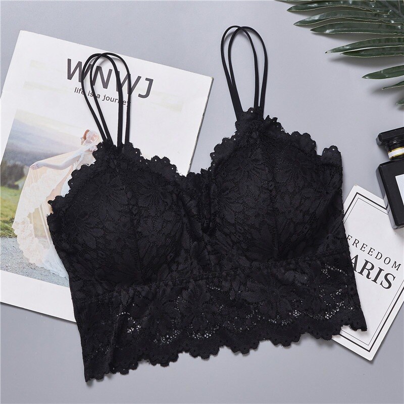 Women Sexy Lingerie Lace Floral Bralette Bra Tank Camis Underwear Lace Bra Crop Tops Brassiere T1: black / M