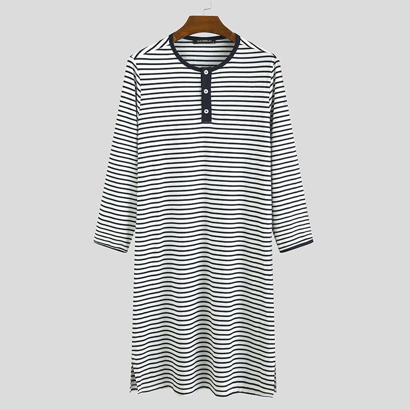 INCERUN Striped Men Sleep Tops Long Sleeve Breathable Casual O Neck Comfortable Dressing Gown Loose Sleepwear Mens Homewear: White / XXXL